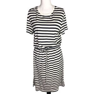 H&M BASIC Women's Black &‎ White Striped Viscose Short Sleeve Sheath Dress M Tie